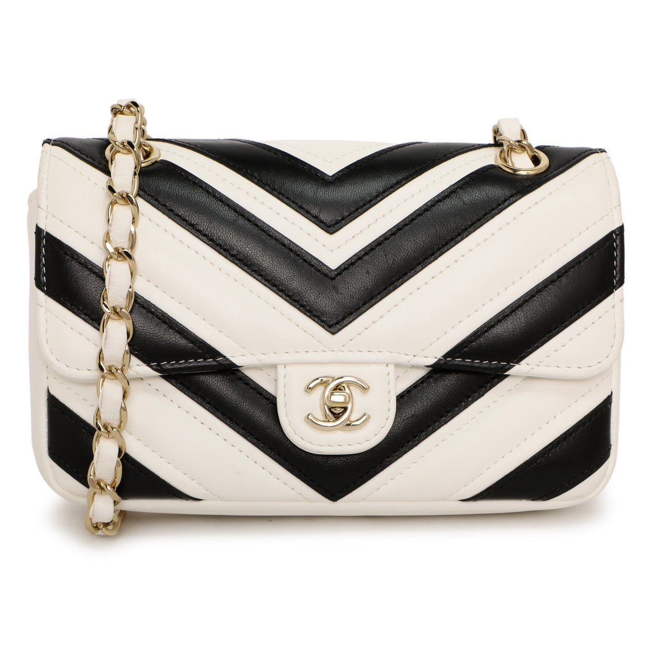 Exclusive Chanel White Black Chevron Lambskin Stitched Mini Flap — Front View