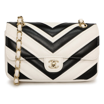 Exclusive Chanel White Black Chevron Lambskin Stitched Mini Flap — Front View