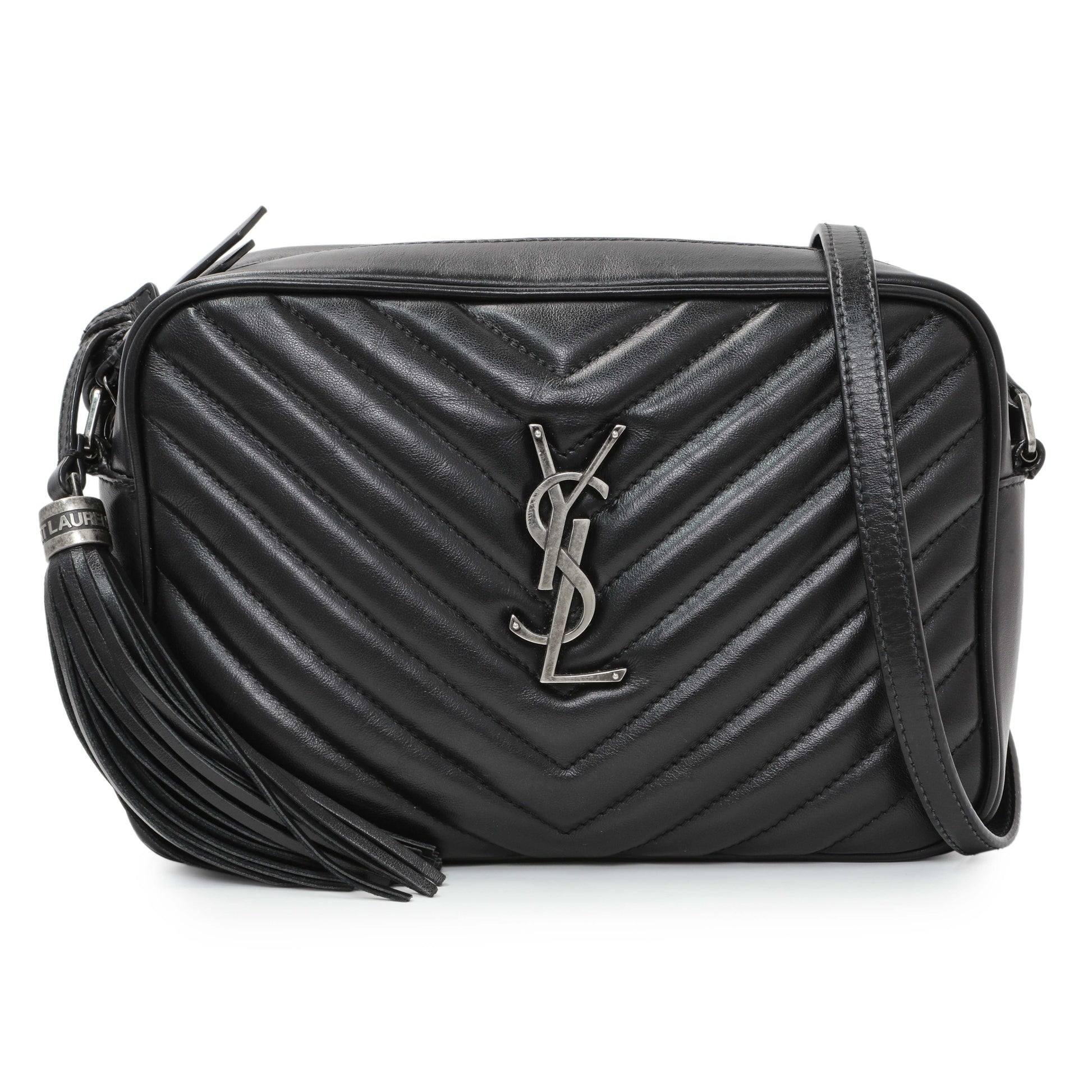 Exclusive Saint Laurent Black Calfskin Matelasse Monogram Lou Camera Bag — Front View