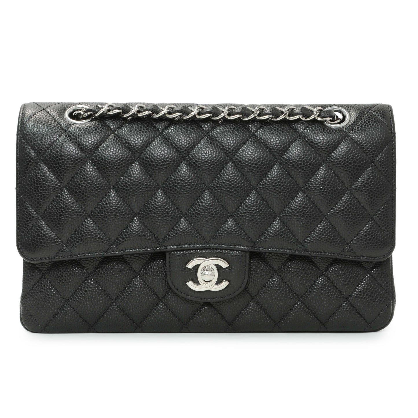 Exclusive Chanel Black Quilted Caviar Medium Double Flap — Front View