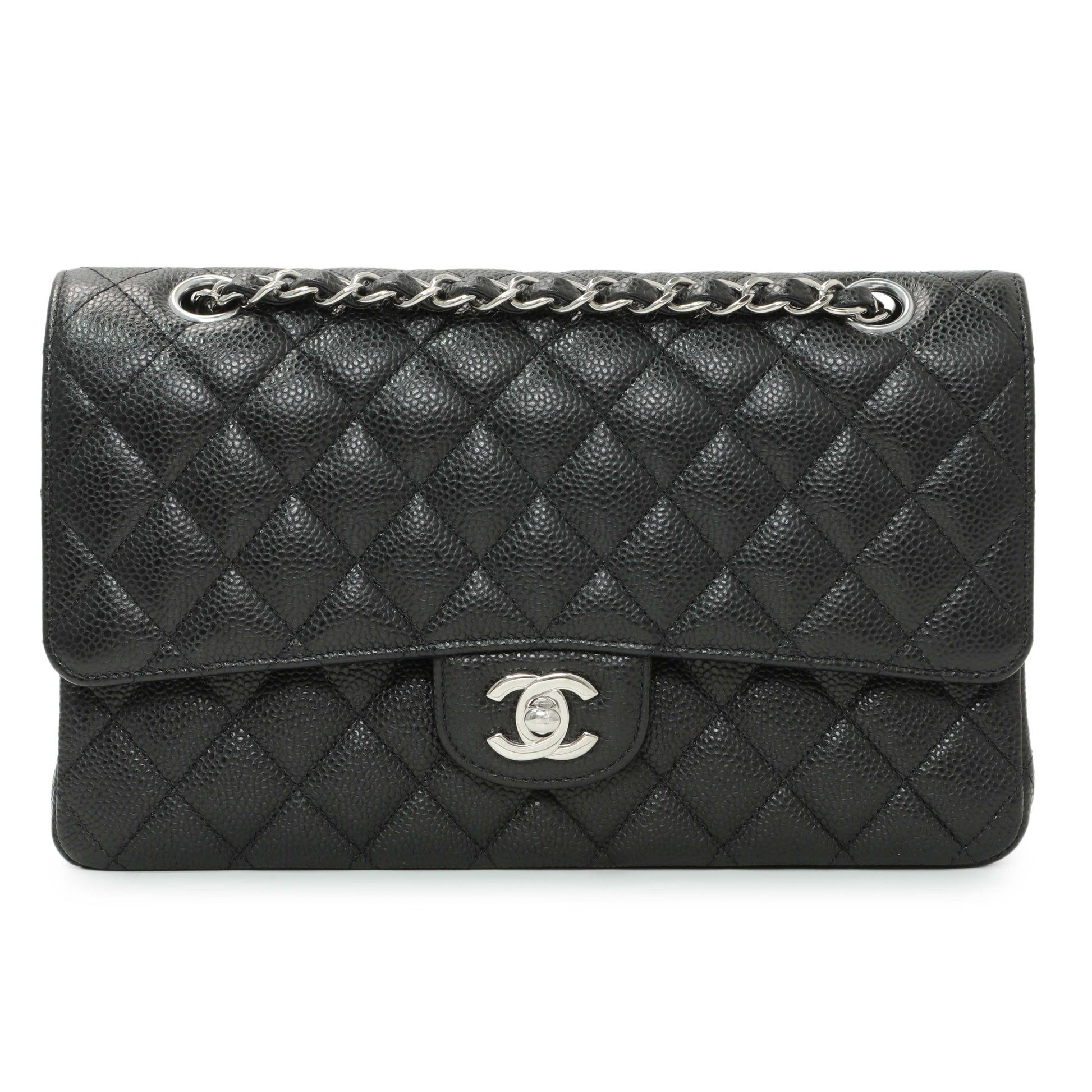 Exclusive Chanel Black Quilted Caviar Medium Double Flap — Front View