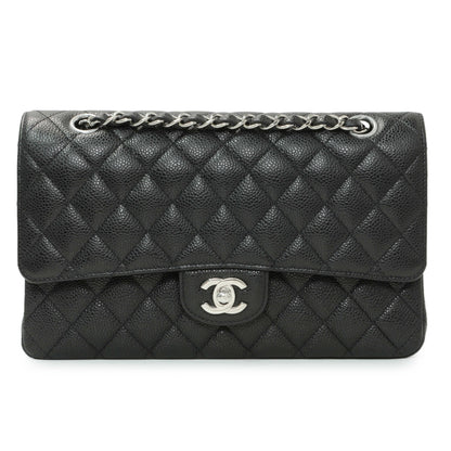 Exclusive Chanel Black Quilted Caviar Medium Double Flap — Front View