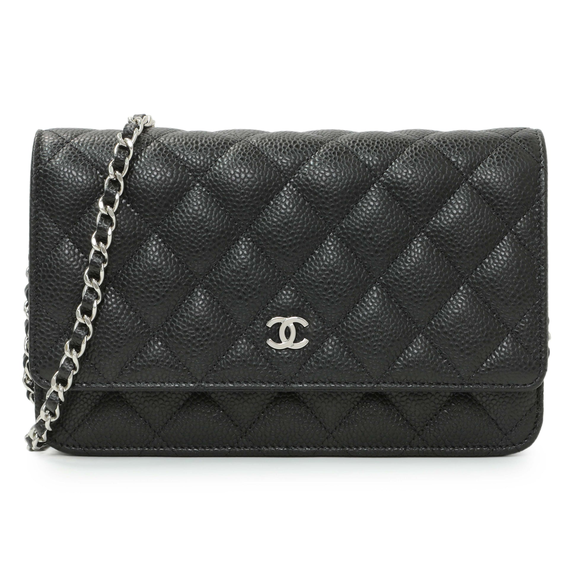 Exclusive Chanel Black Quilted Caviar Wallet On Chain WOC — Front View
