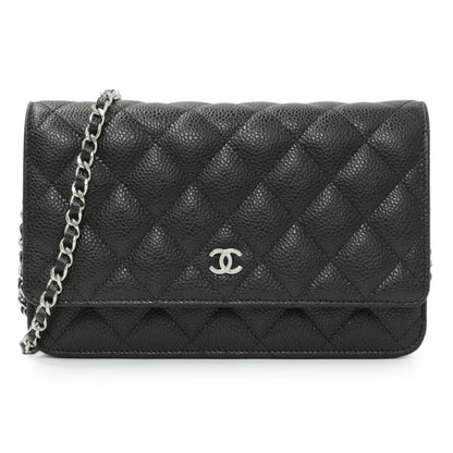 Exclusive Chanel Black Quilted Caviar Wallet On Chain WOC — Front View