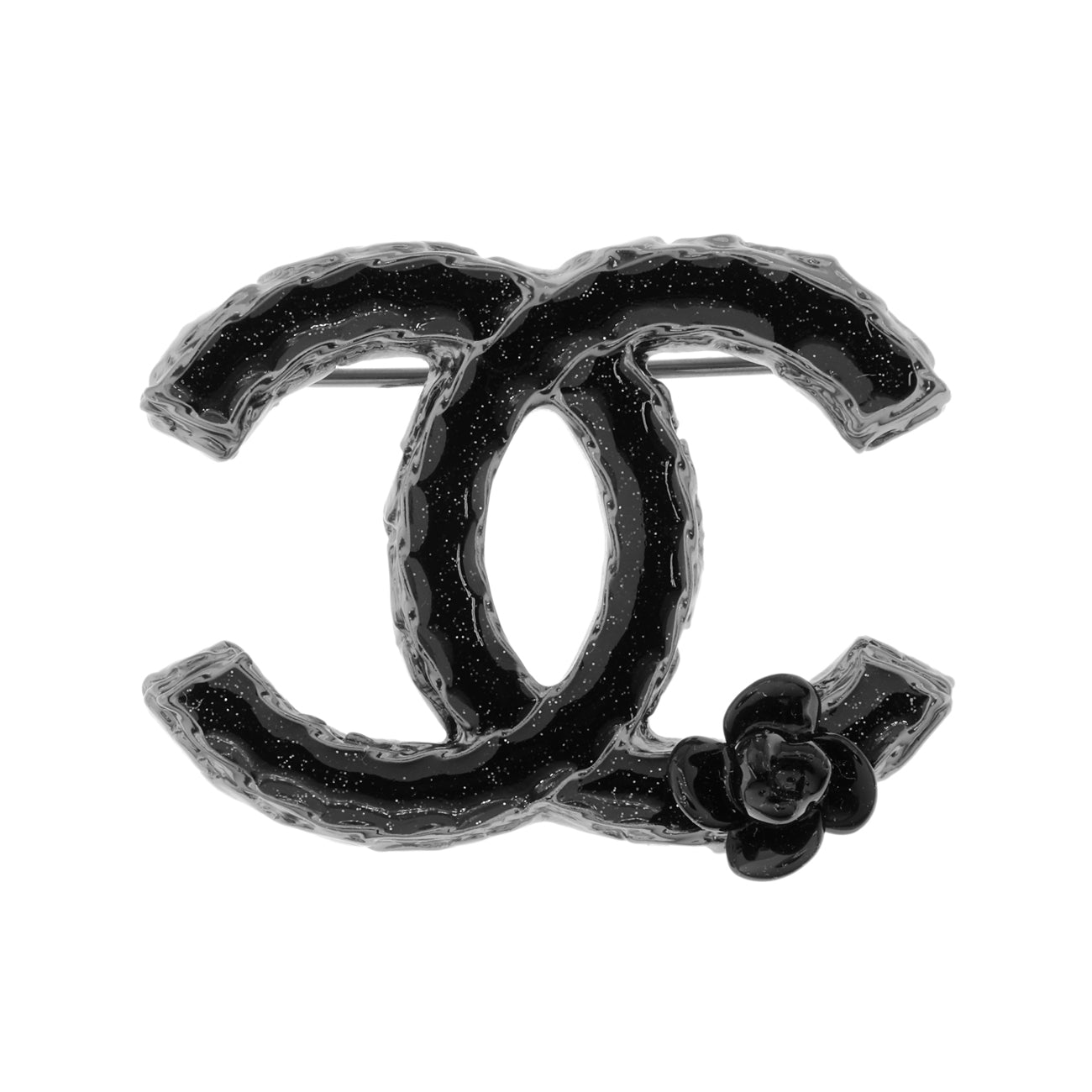 Exclusive Chanel Black Enamel CC Camelia Brooch — Front View