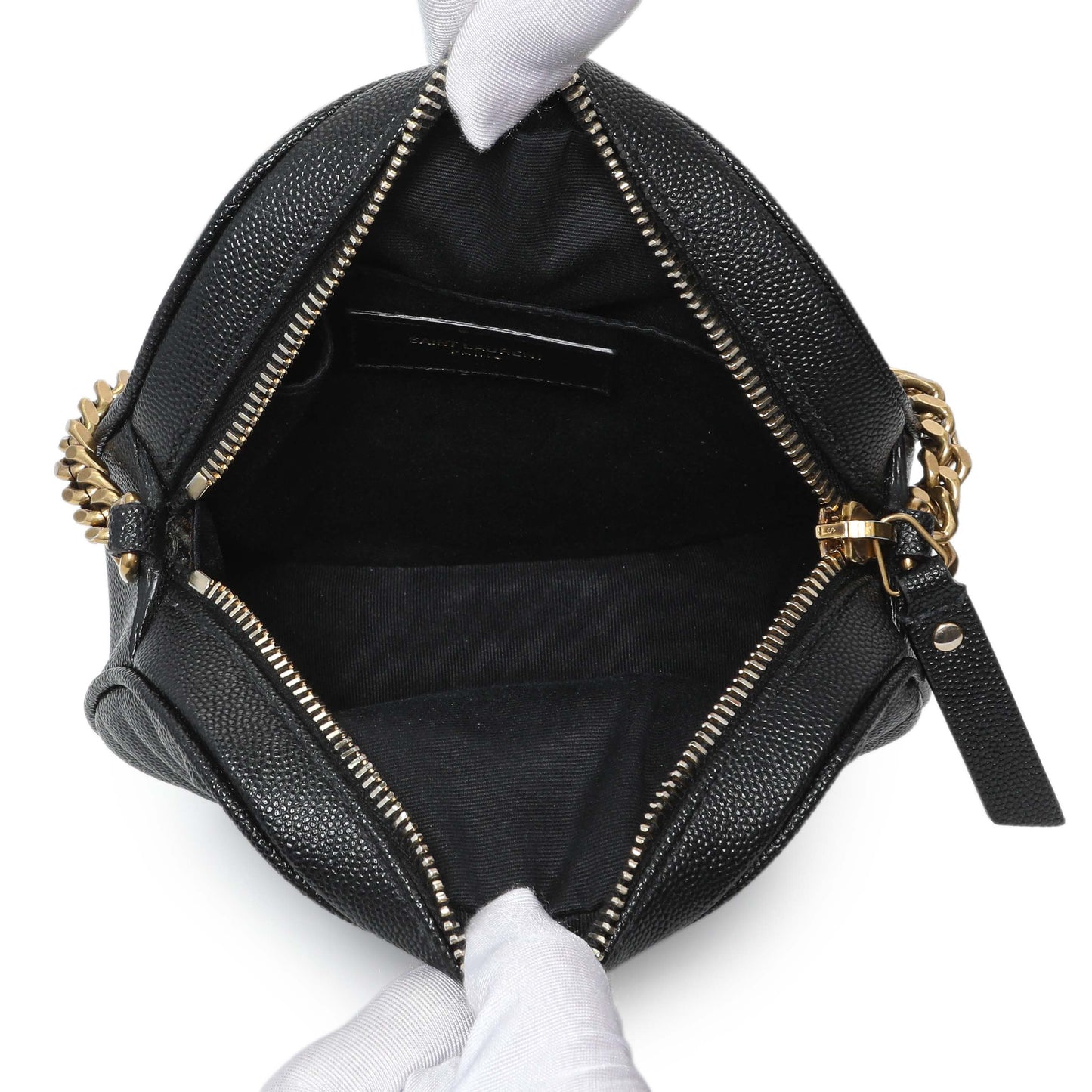 Exclusive Saint Laurent Black Chevron Quilted Grain de Poudre Round Camera Bag — Top View