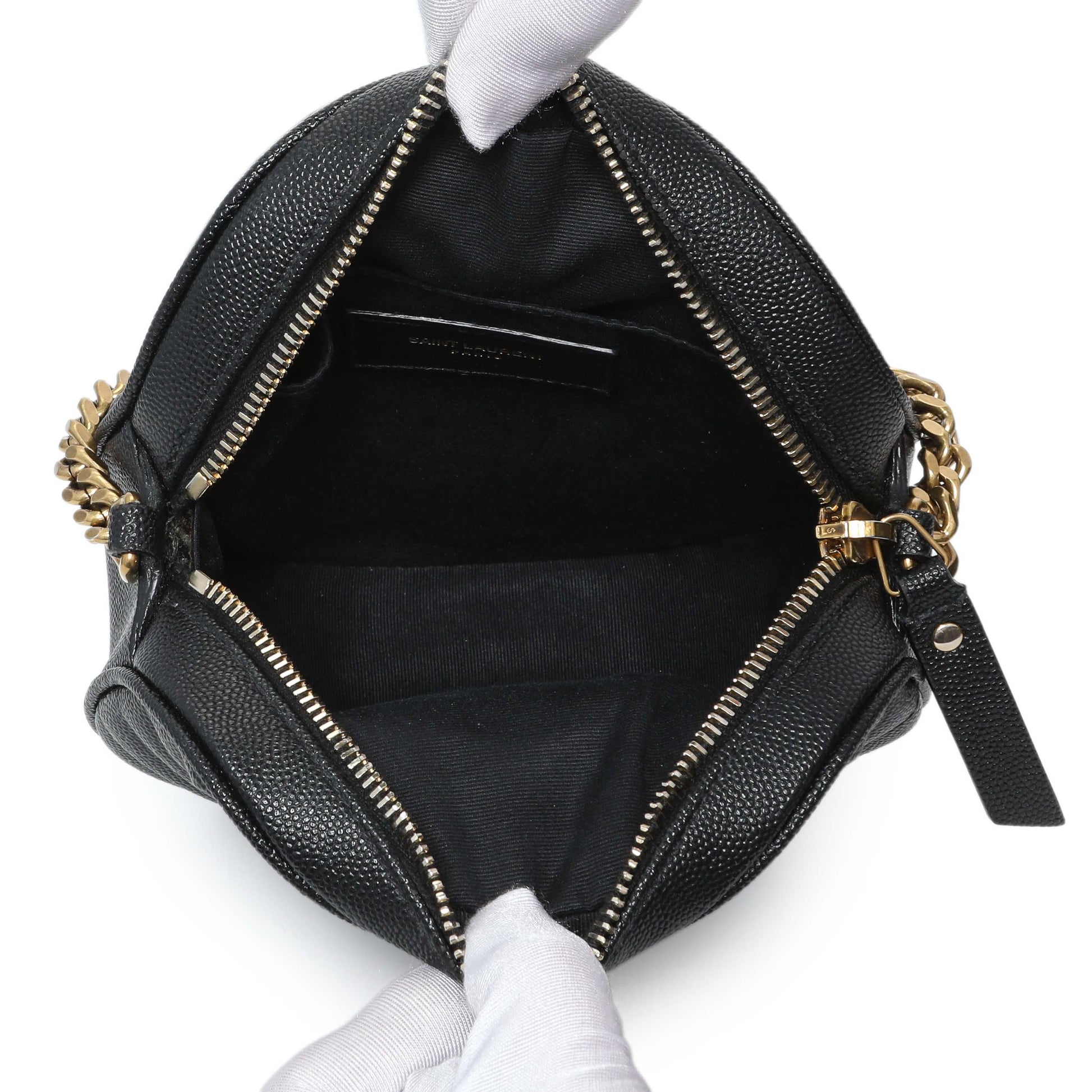 Exclusive Saint Laurent Black Chevron Quilted Grain de Poudre Round Camera Bag — Top View