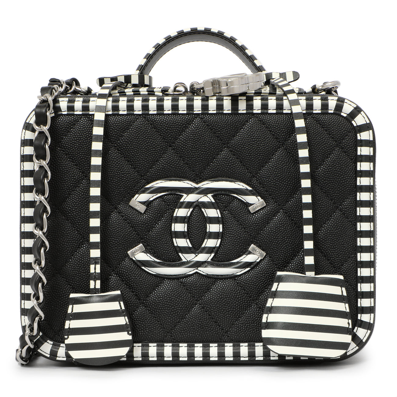 Exclusive Chanel Black Quilted Caviar Striped Medium CC Filigree Vanity Case — Front View