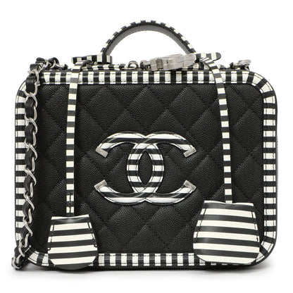 Exclusive Chanel Black Quilted Caviar Striped Medium CC Filigree Vanity Case — Front View