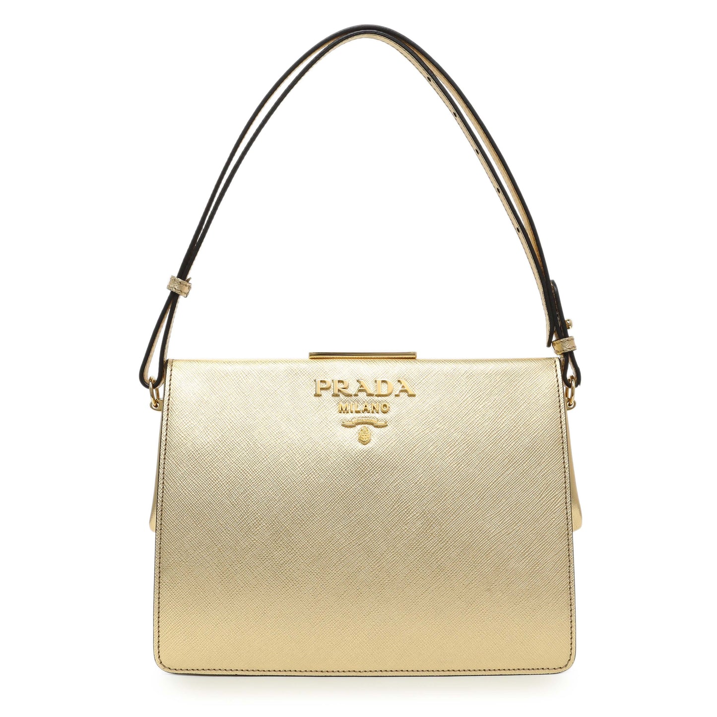 Exclusive Prada Gold Saffiano Frame Shoulder Bag — Front View