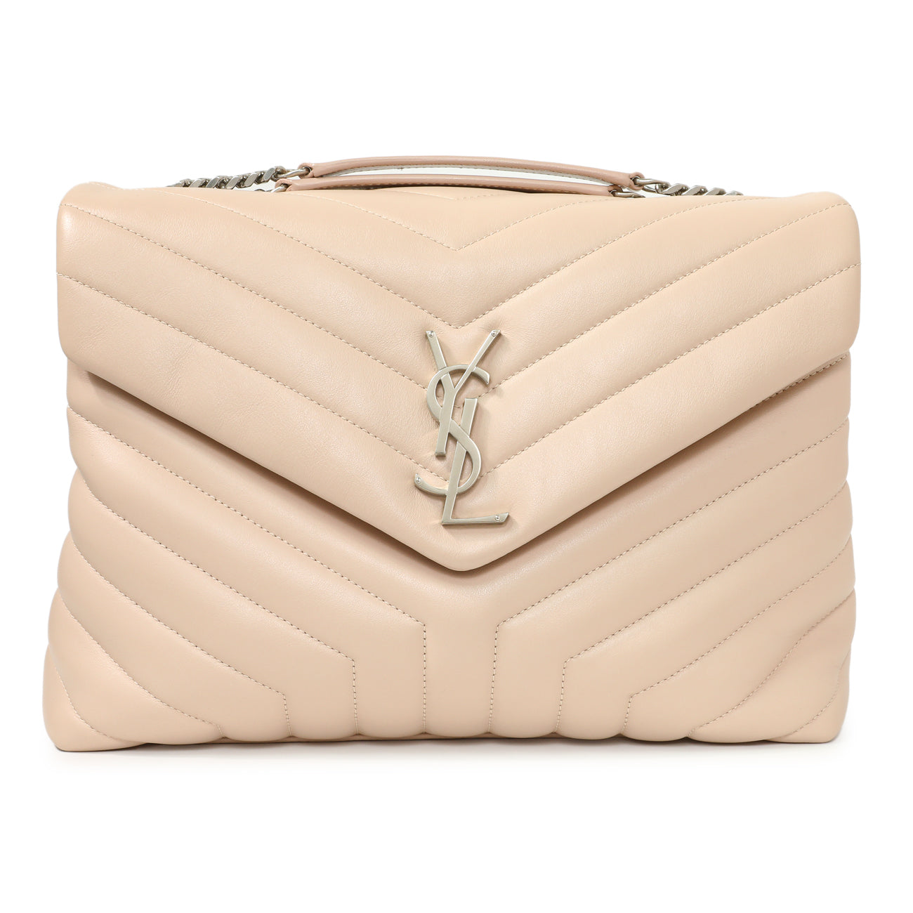 Exclusive Saint Laurent Beige Calfskin Y Quilted Monogram Medium Loulou Chain Satchel — Front View