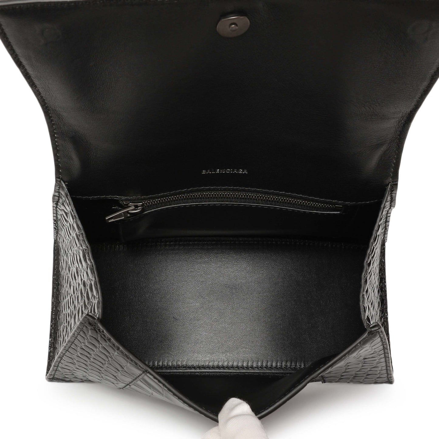 Exclusive Balenciaga Black Monochrome Crocodile Embossed Calfskin Small Hourglass Top Handle Bag — Top View
