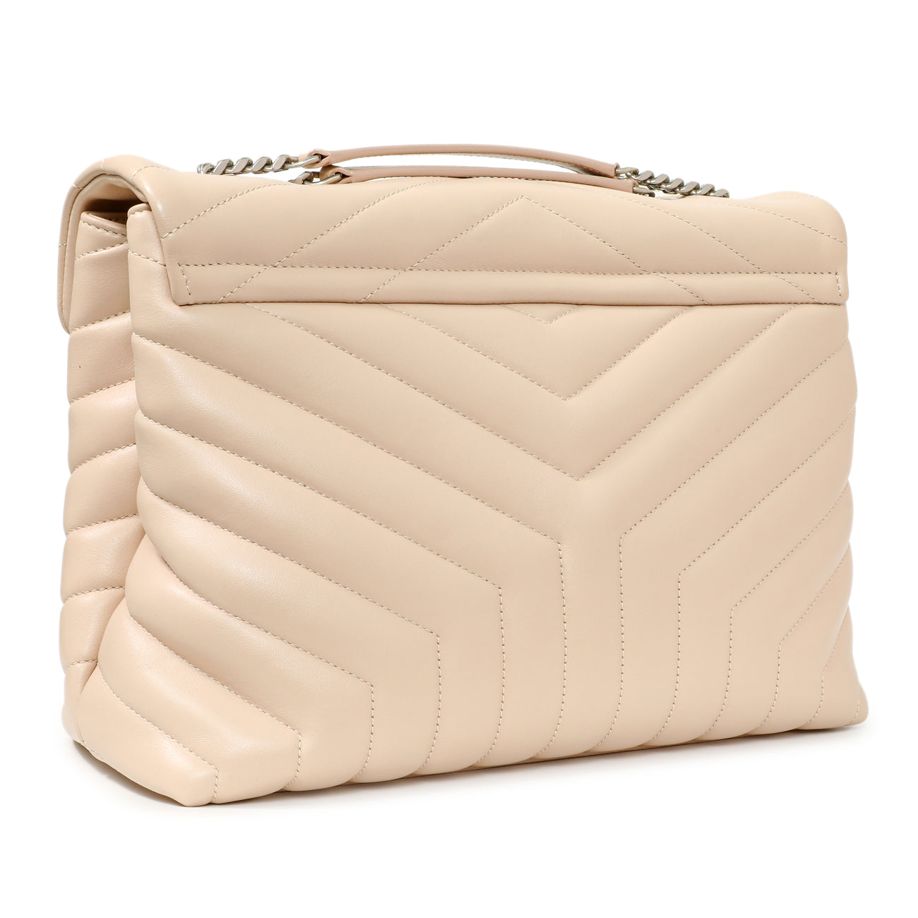 Exclusive Saint Laurent Beige Calfskin Y Quilted Monogram Medium Loulou Chain Satchel — Side View
