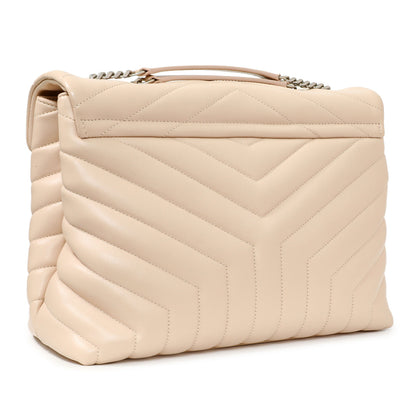 Exclusive Saint Laurent Beige Calfskin Y Quilted Monogram Medium Loulou Chain Satchel — Side View