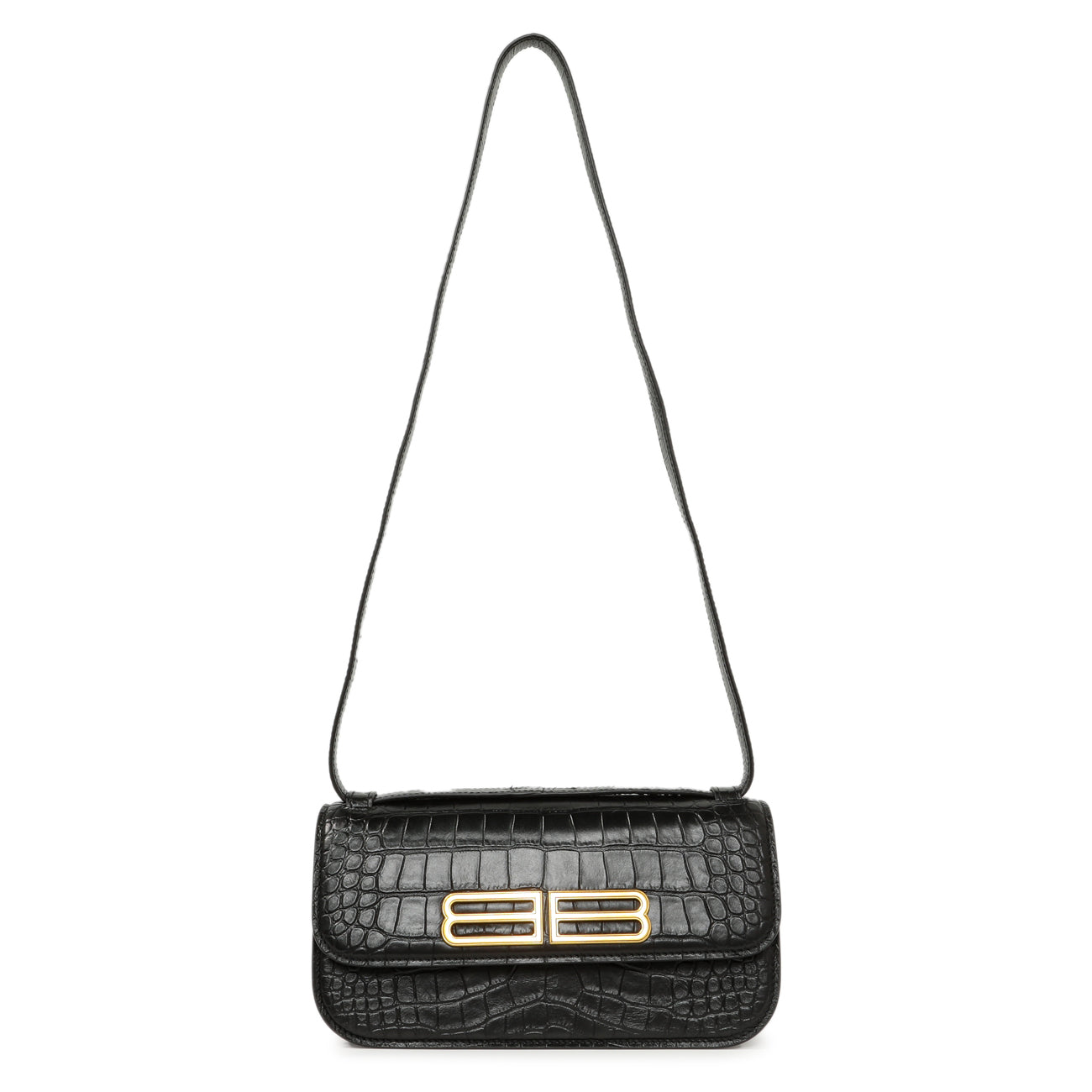 Exclusive Balenciaga Black Crocodile Embossed Small Gossip Bag — Front View