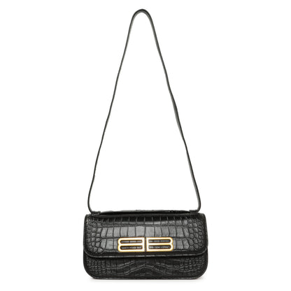 Exclusive Balenciaga Black Crocodile Embossed Small Gossip Bag — Front View