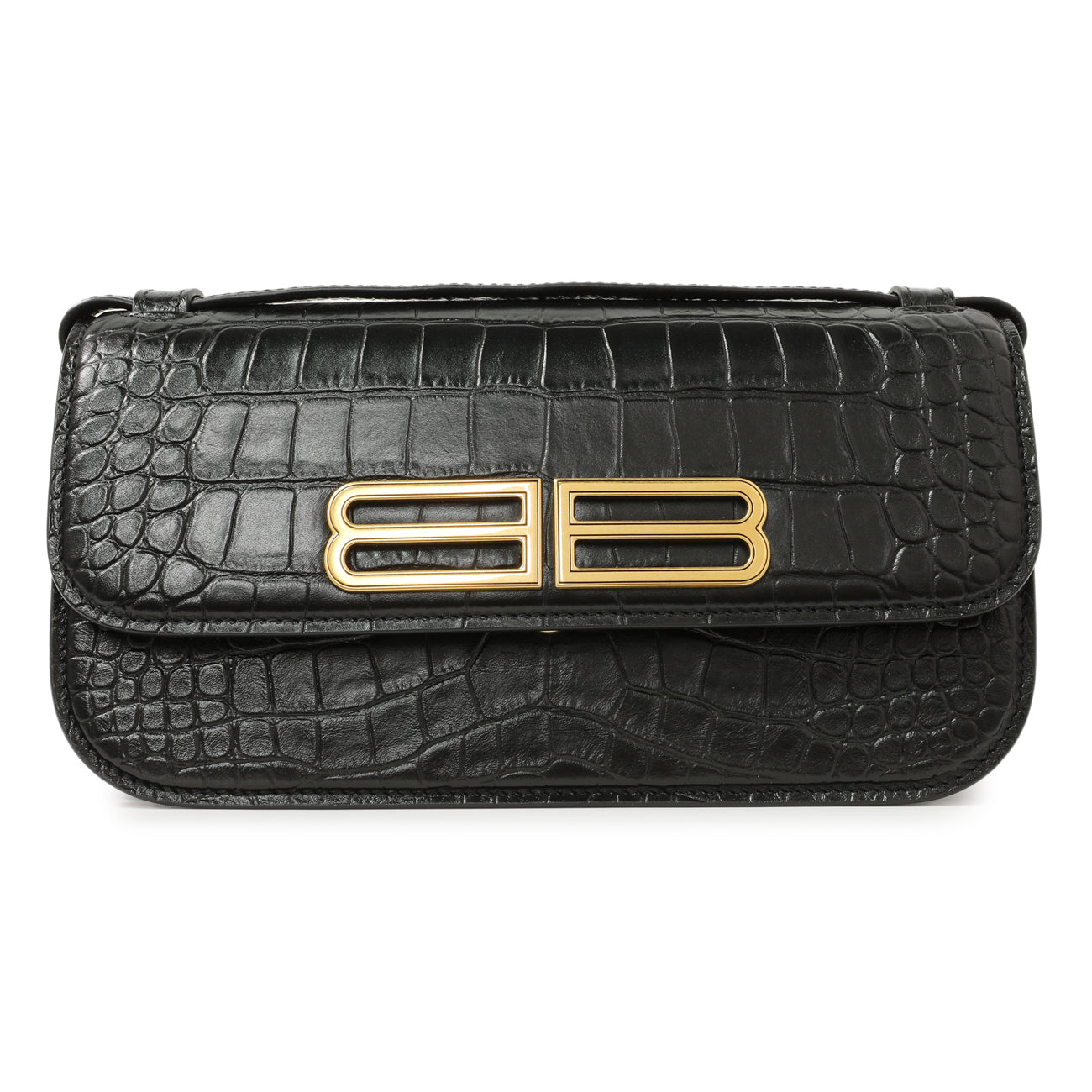Exclusive Balenciaga Black Crocodile Embossed Small Gossip Bag — Side View