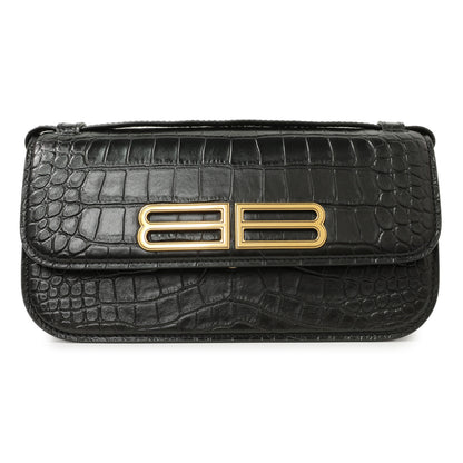 Exclusive Balenciaga Black Crocodile Embossed Small Gossip Bag — Side View