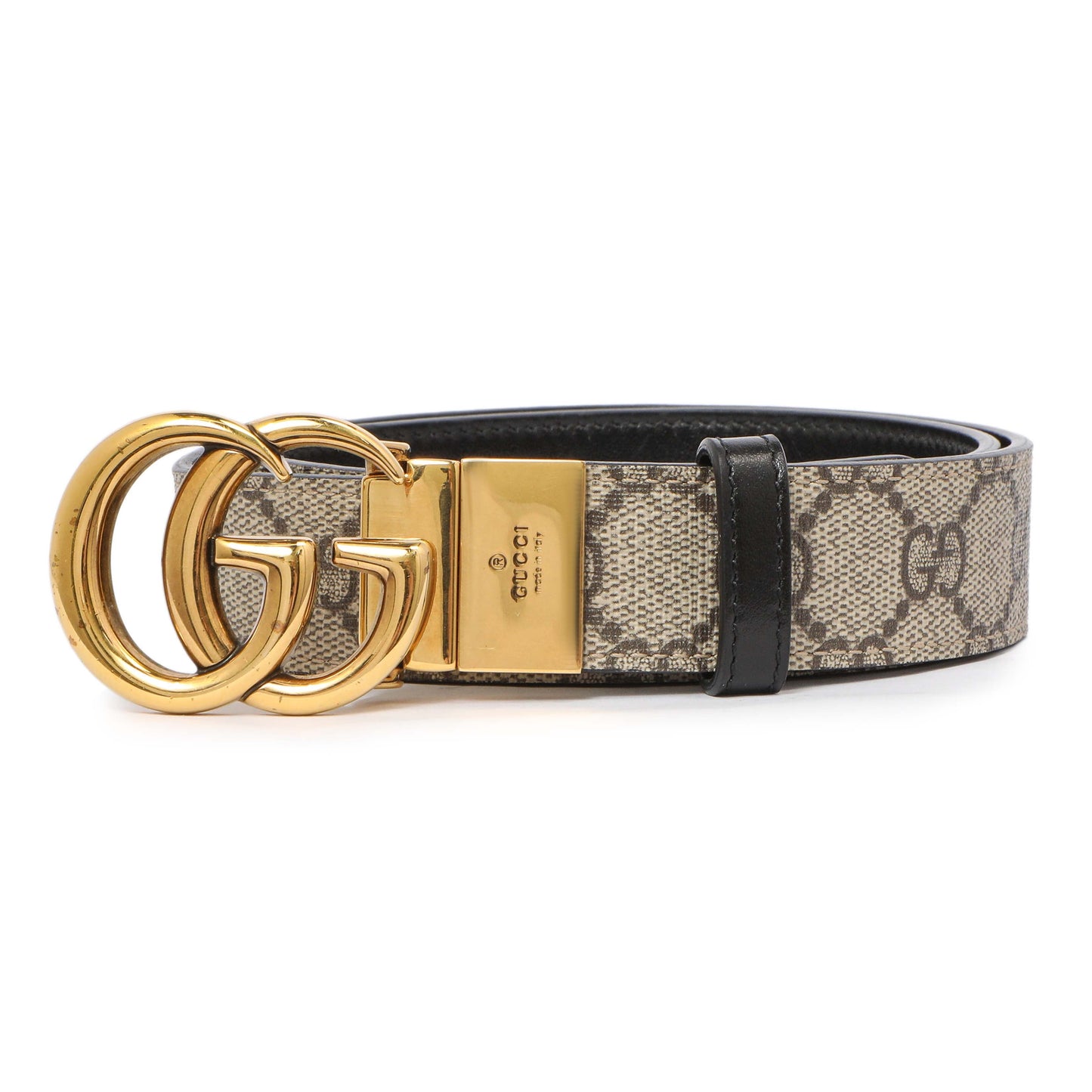 Exclusive Gucci GG Supreme Monogram Plutone Calfskin Double G Reversible 30mm Belt — Back View