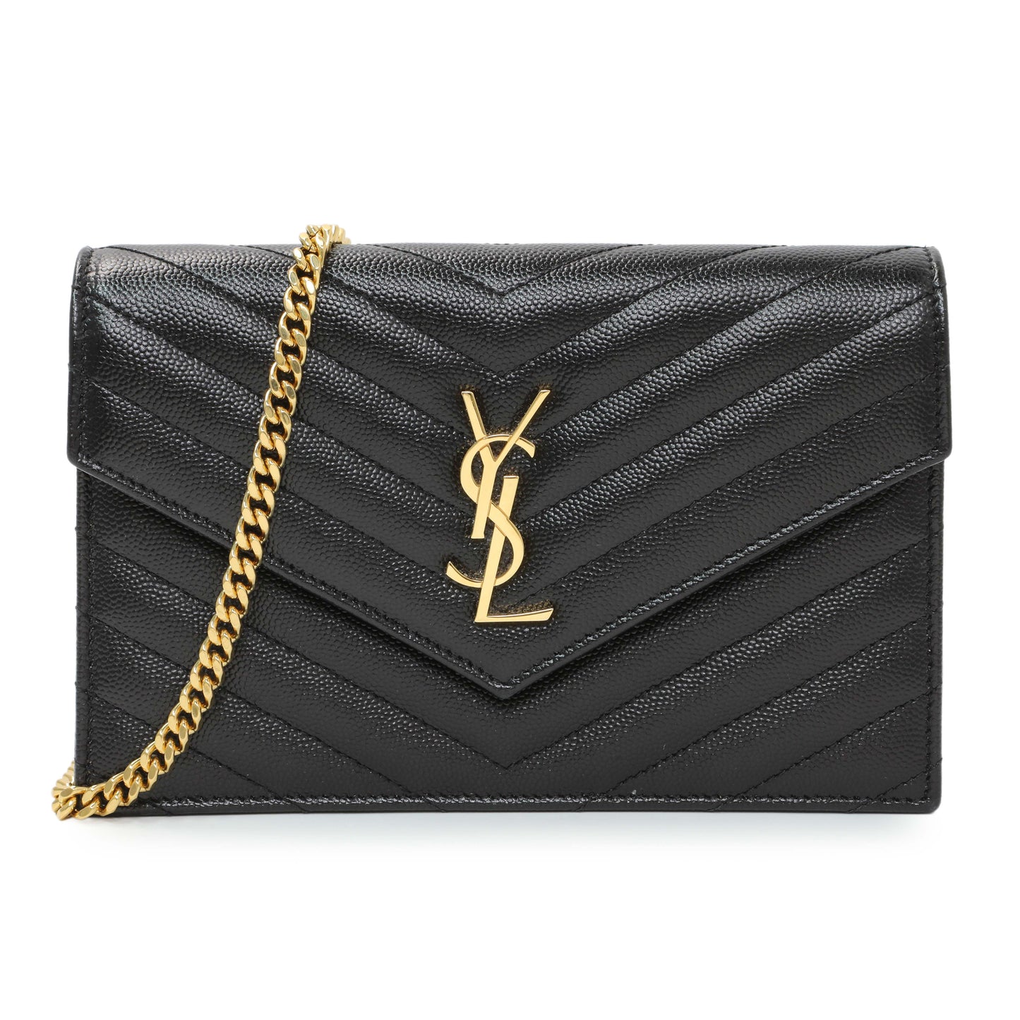 Exclusive Saint Laurent Black Grain De Poudre Matelasse Chevron Monogram Envelope Chain Wallet — Front View