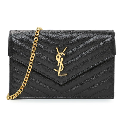 Exclusive Saint Laurent Black Grain De Poudre Matelasse Chevron Monogram Envelope Chain Wallet — Front View