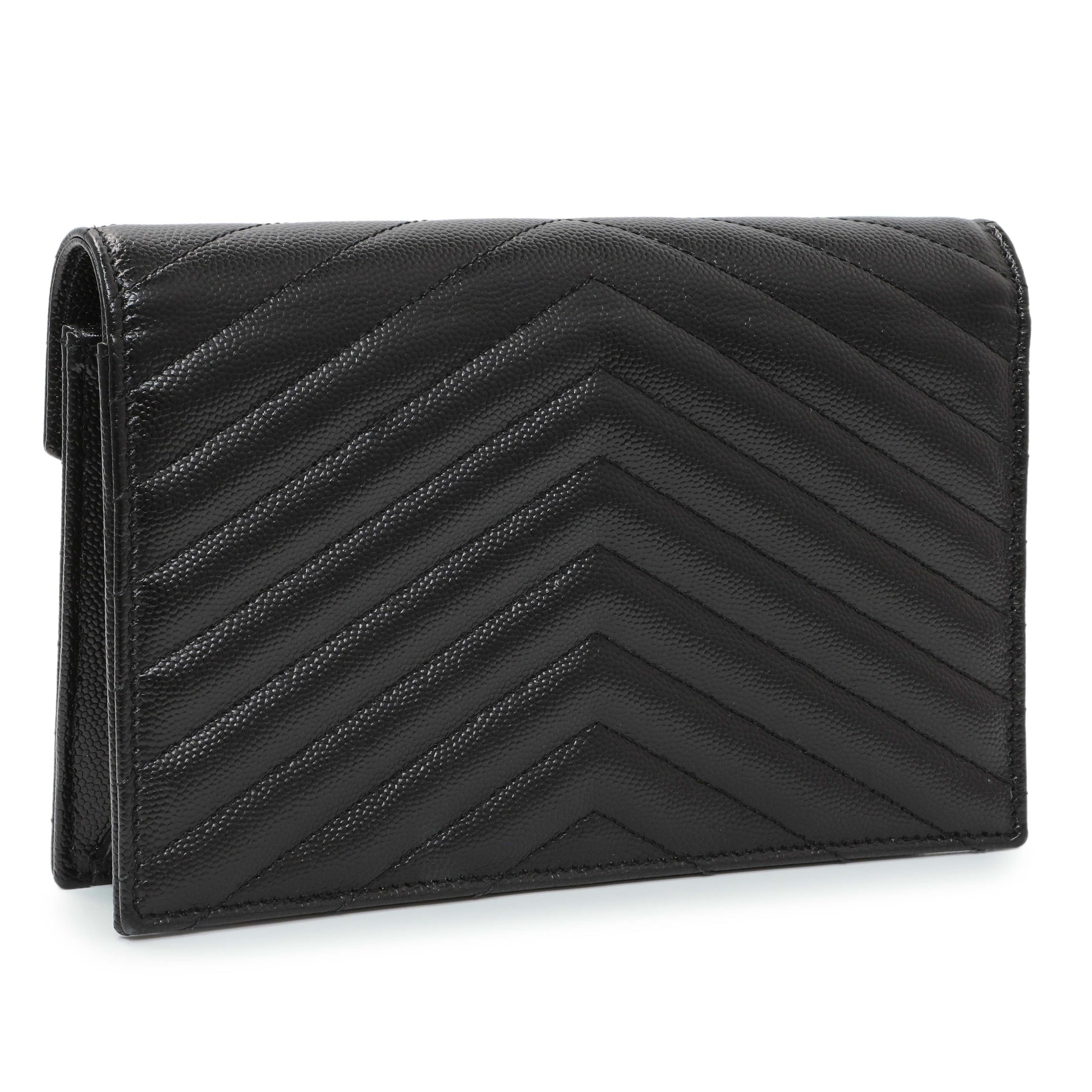 Exclusive Saint Laurent Black Grain De Poudre Matelasse Chevron Monogram Envelope Chain Wallet — Side View