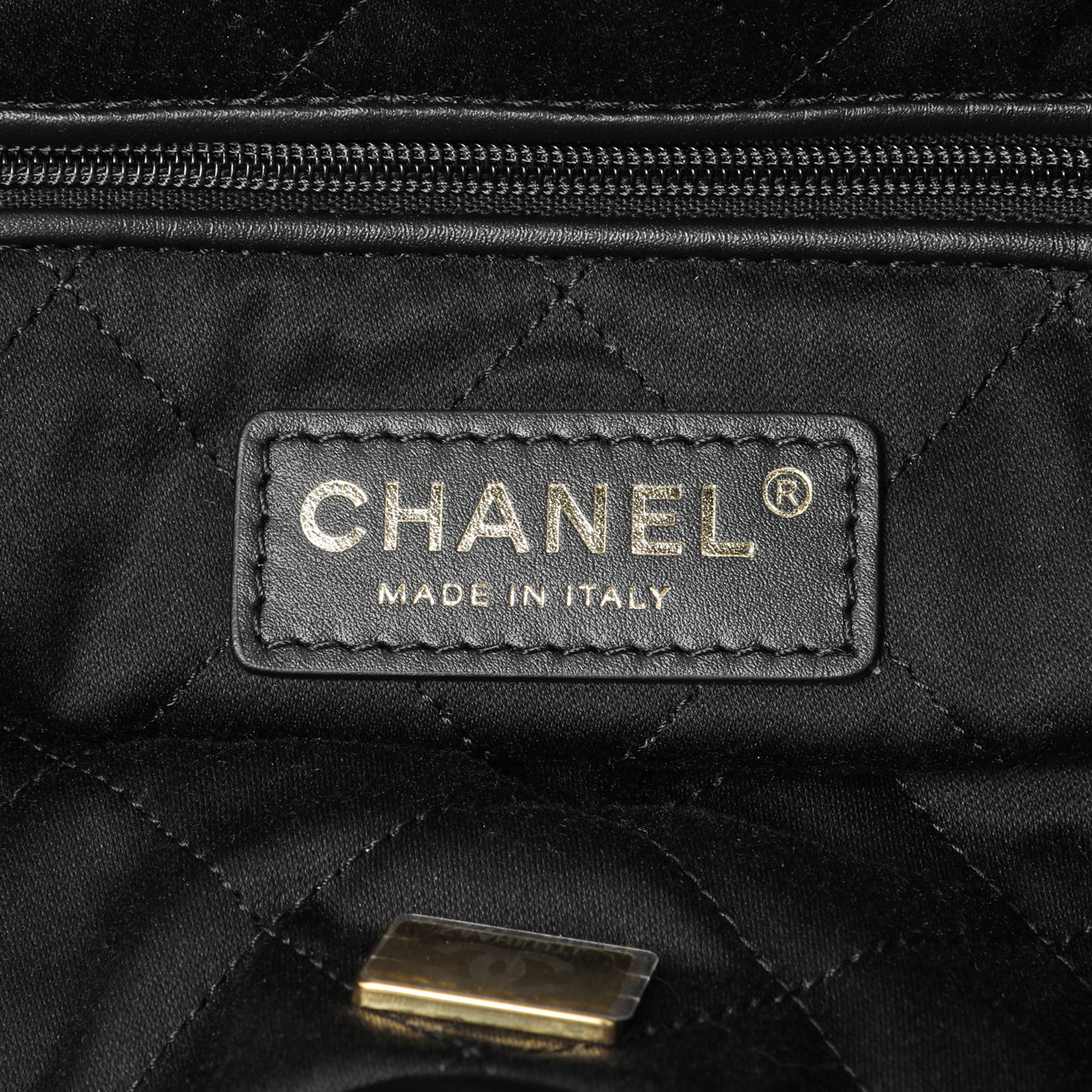 Exclusive Chanel Black Quilted Shiny Calfskin Small Chanel 22 — Detail View