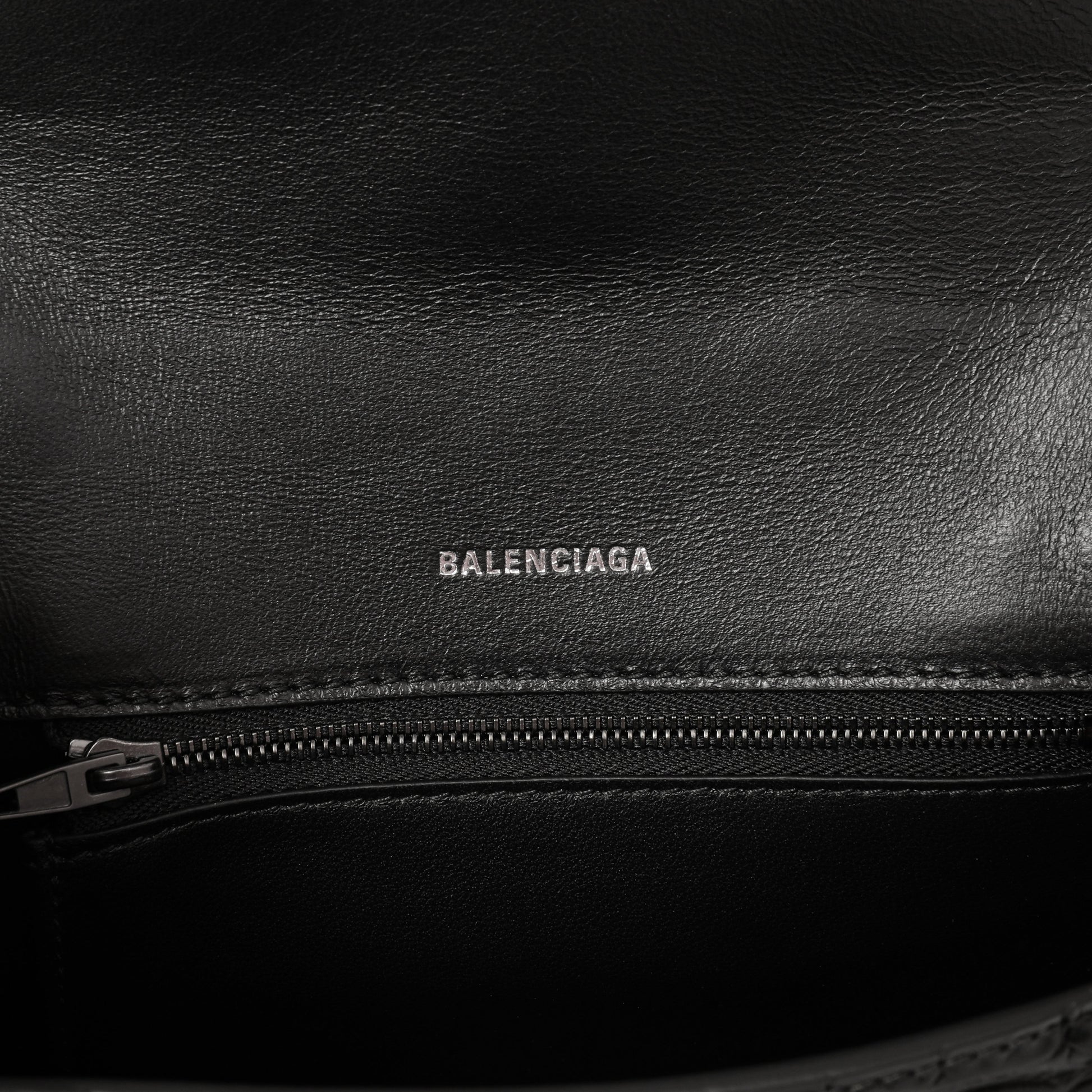 Exclusive Balenciaga Black Monochrome Crocodile Embossed Calfskin Small Hourglass Top Handle Bag — Detail View