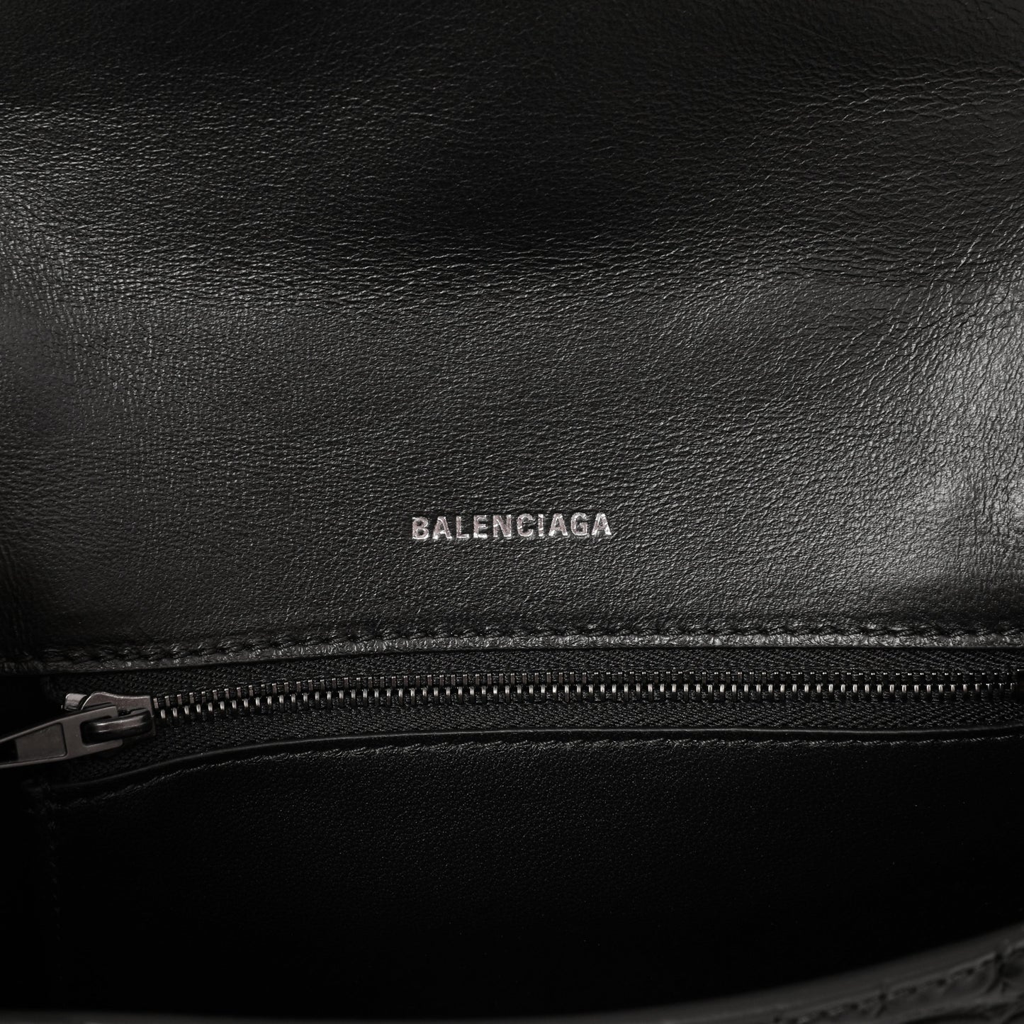 Exclusive Balenciaga Black Monochrome Crocodile Embossed Calfskin Small Hourglass Top Handle Bag — Detail View