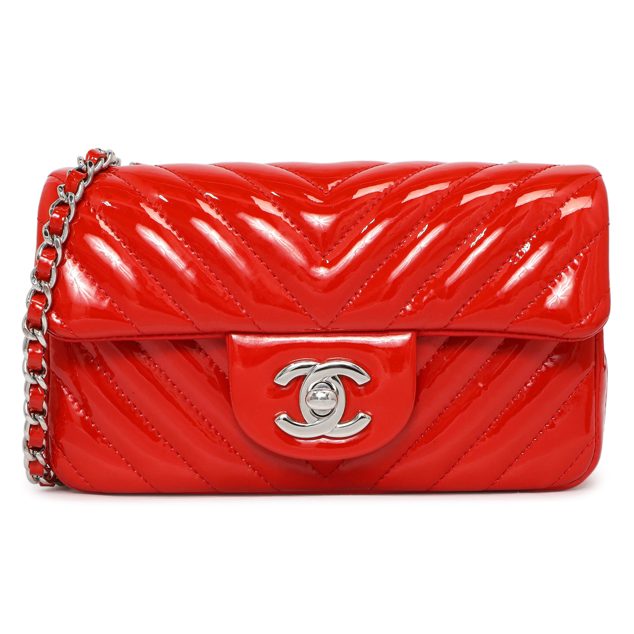 Exclusive Chanel Red Patent Chevron Extra Mini Rectangular Flap — Front View