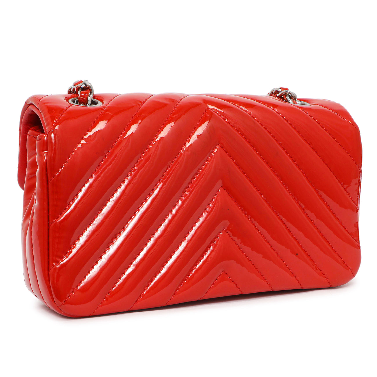 Exclusive Chanel Red Patent Chevron Extra Mini Rectangular Flap — Side View