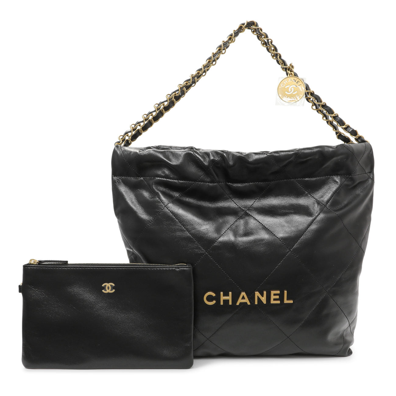 Exclusive Chanel Black Quilted Shiny Calfskin Small Chanel 22 — Front View