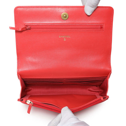 Exclusive Chanel Red Lambskin Quilted Chanel 19 Wallet On Chain — Detail View