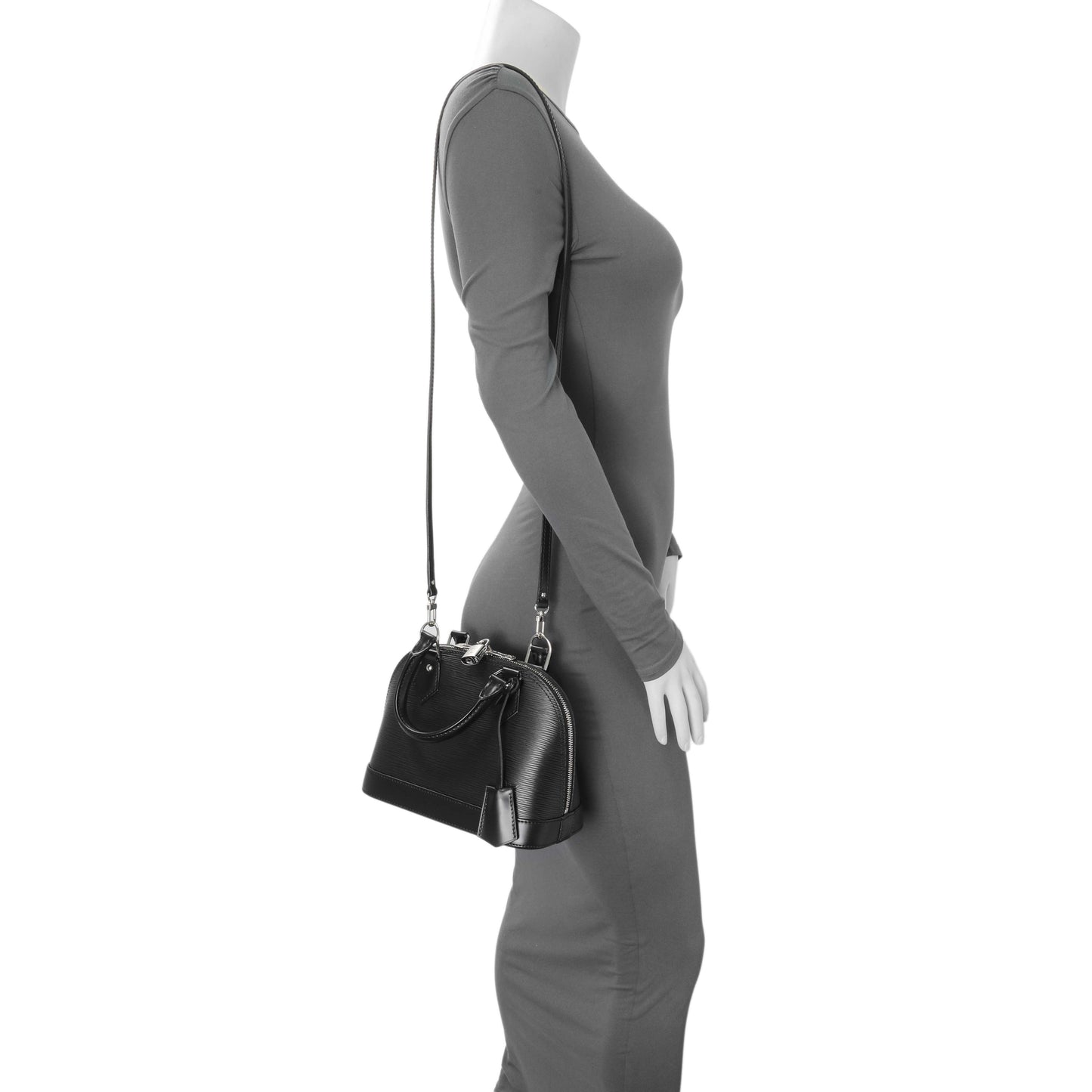 Exclusive Louis Vuitton Black Epi Alma BB with Strap — Lifestyle View