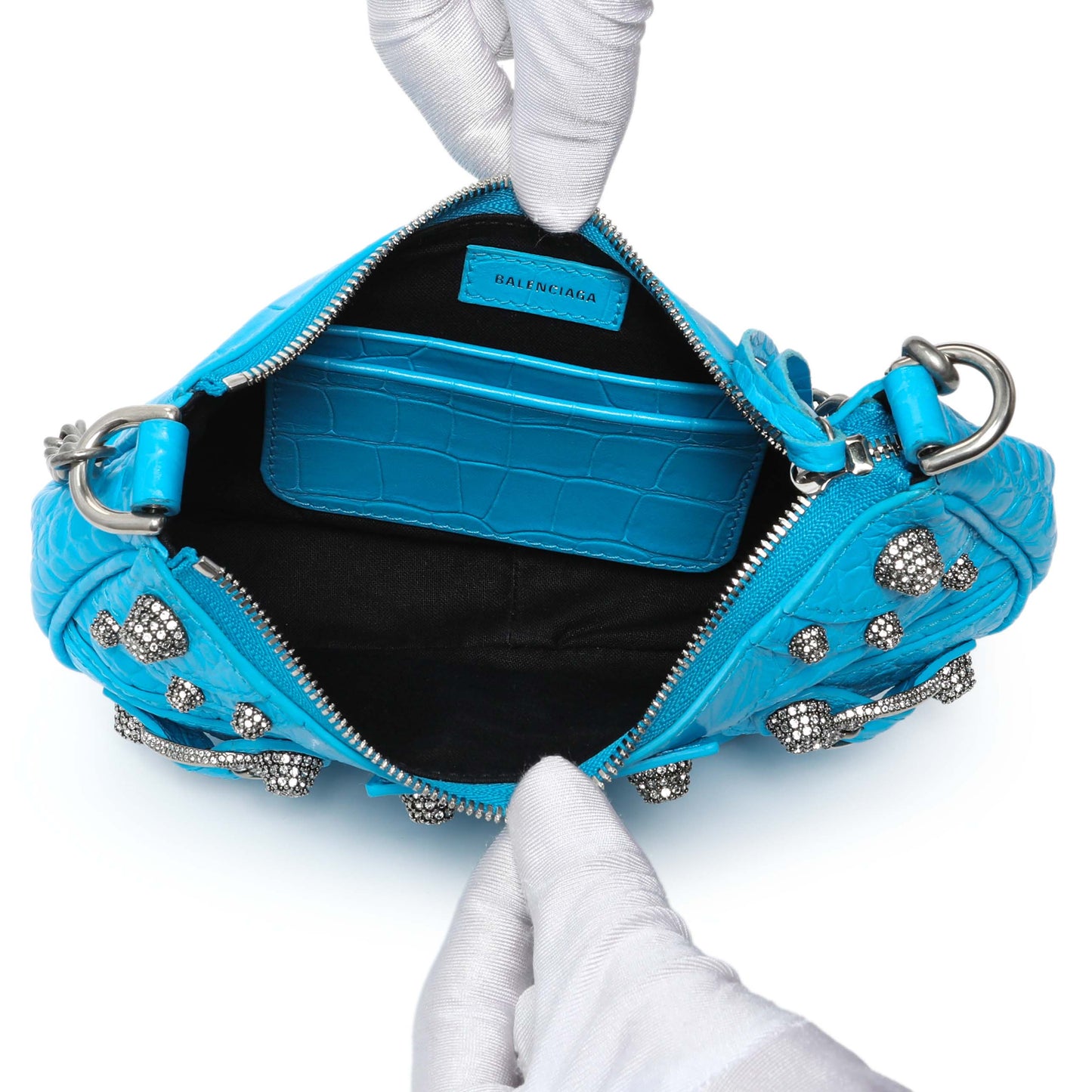 Exclusive Balenciaga Blue Crocodile Embossed Calfskin Crystal Le Cagole Mini Purse With Chain — Top View