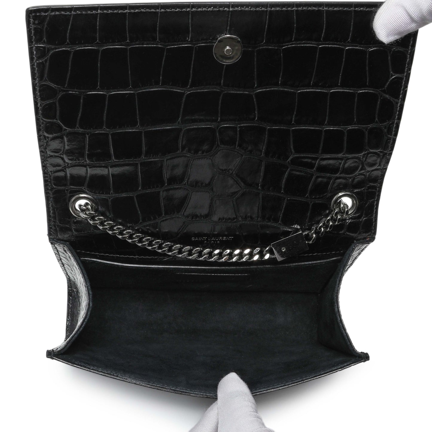 Exclusive Saint Laurent Calfskin Crocodile Embossed Small Classic Monogram Kate Satchel — Alternate View 8