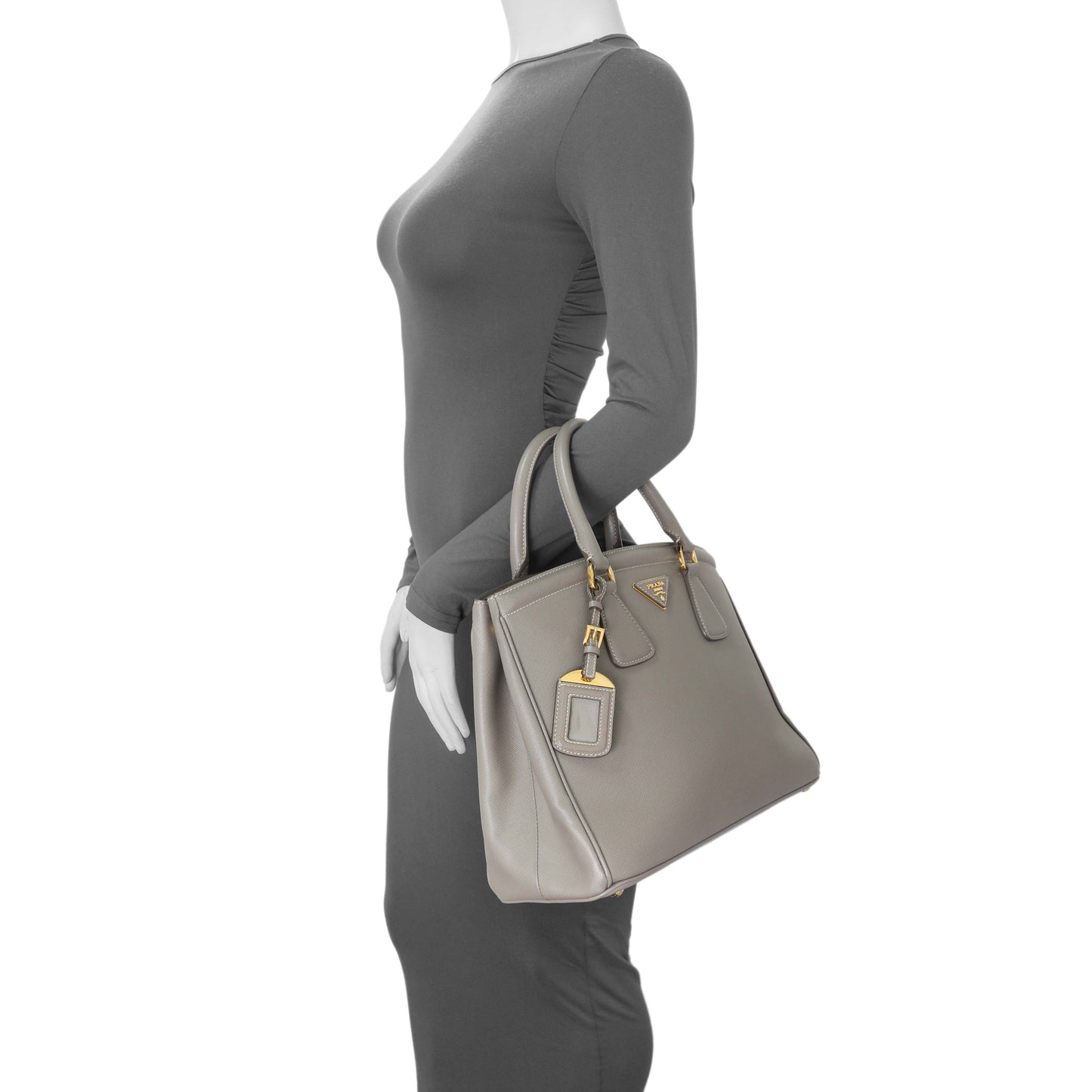 Exclusive Prada Taupe Saffiano Lux Parabole Tote — Lifestyle View