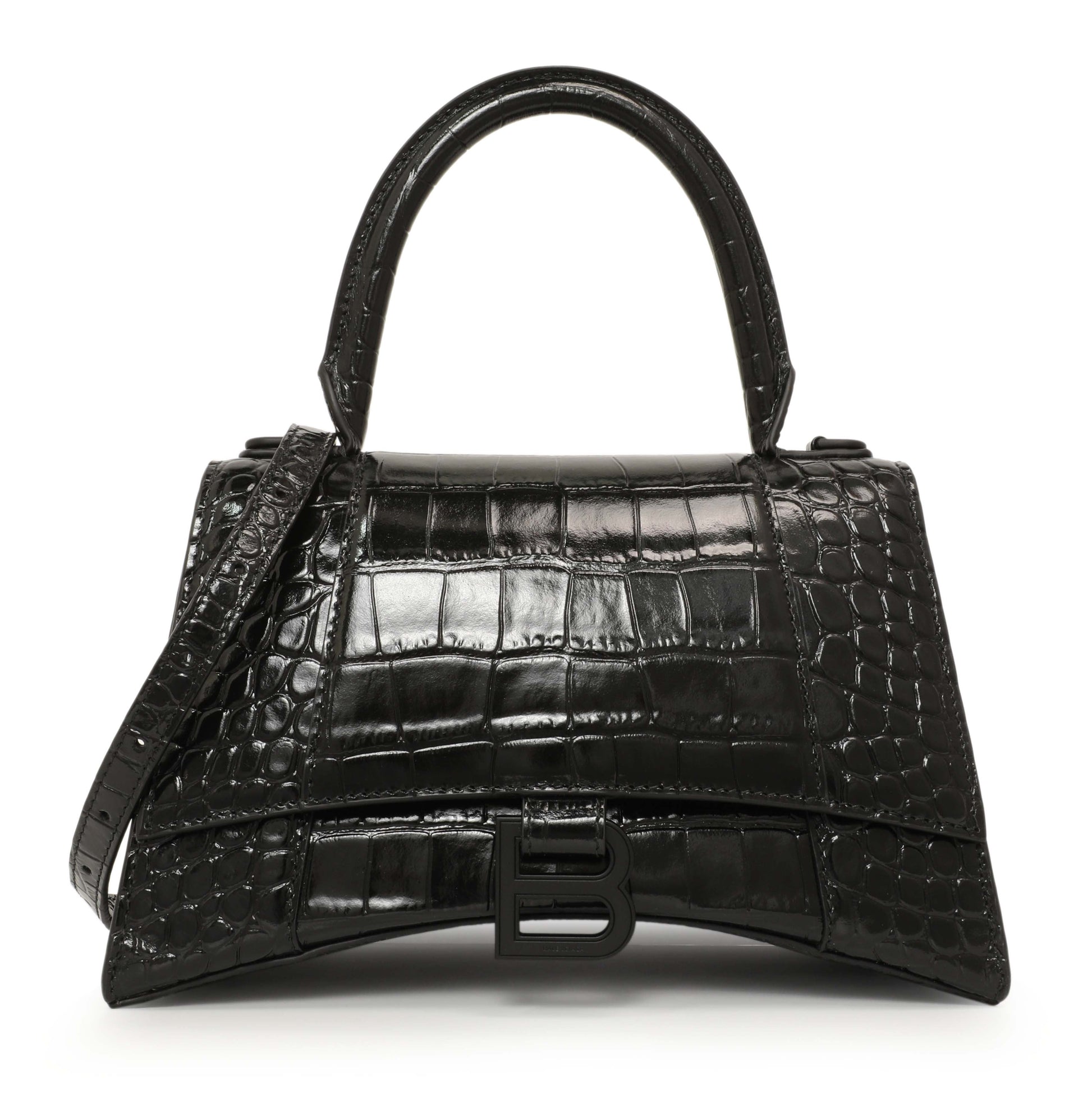 Exclusive Balenciaga Black Monochrome Crocodile Embossed Calfskin Small Hourglass Top Handle Bag — Front View