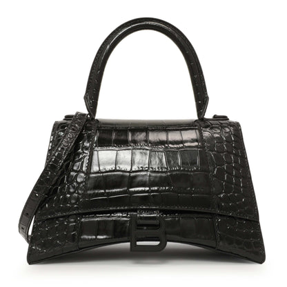 Exclusive Balenciaga Black Monochrome Crocodile Embossed Calfskin Small Hourglass Top Handle Bag — Front View