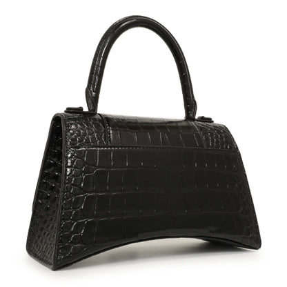 Exclusive Balenciaga Black Monochrome Crocodile Embossed Calfskin Small Hourglass Top Handle Bag — Side View