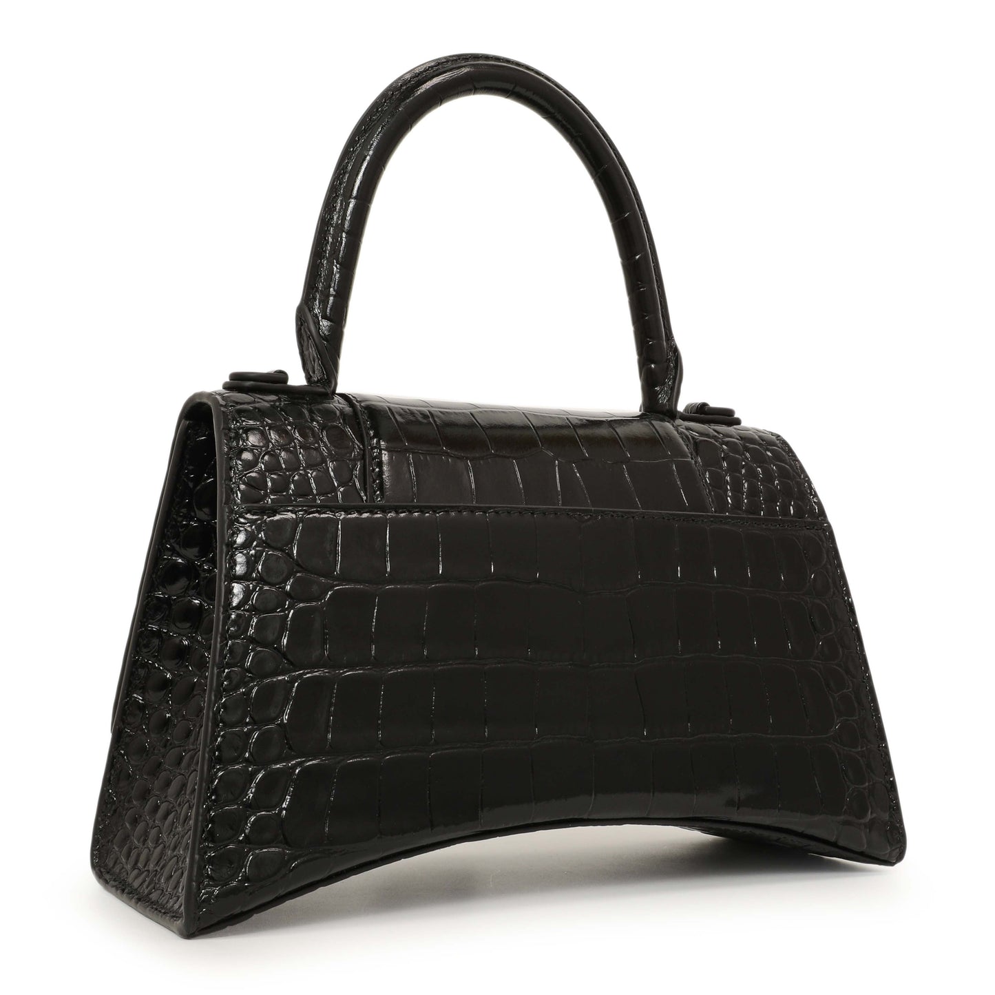 Exclusive Balenciaga Black Monochrome Crocodile Embossed Calfskin Small Hourglass Top Handle Bag — Side View