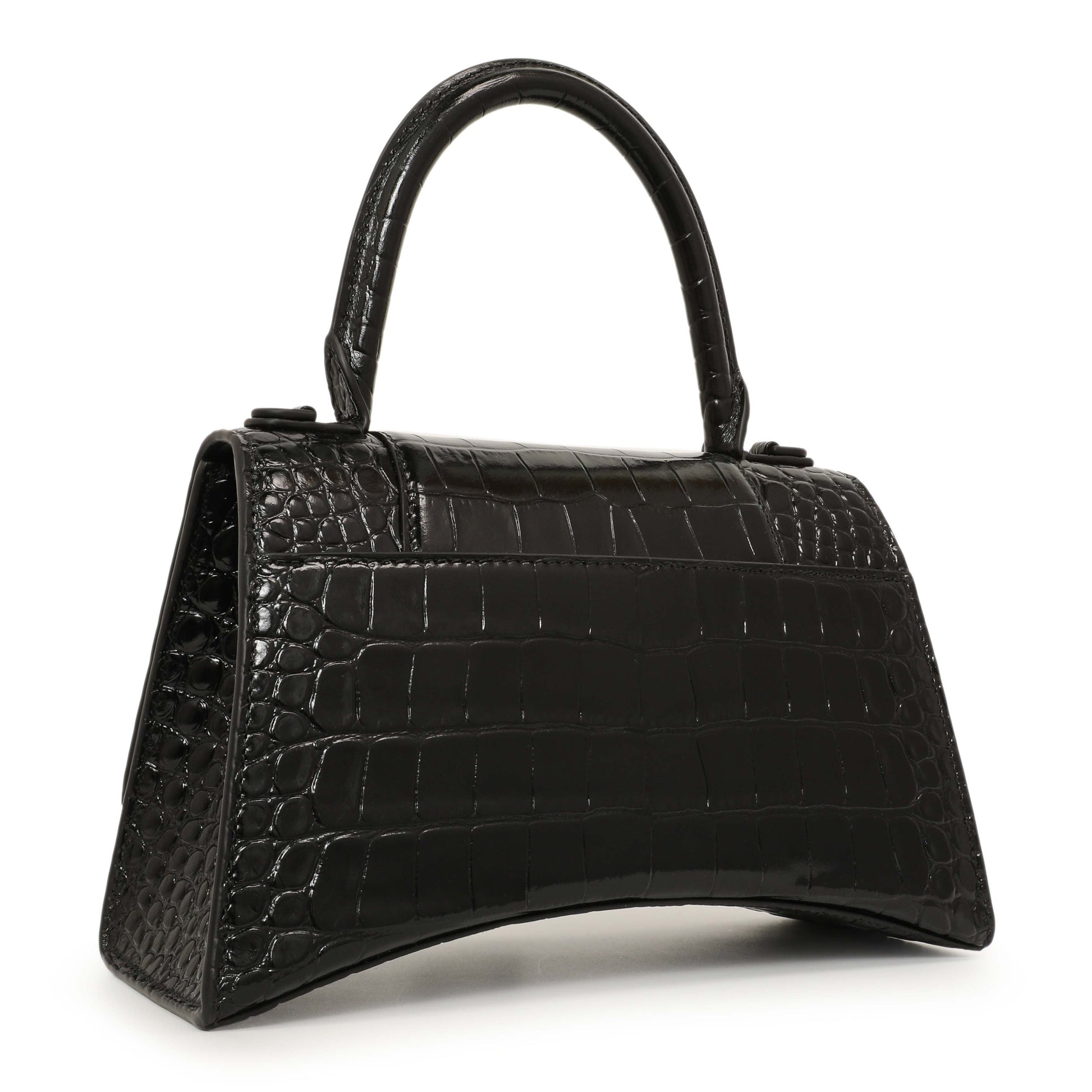 Exclusive Balenciaga Black Monochrome Crocodile Embossed Calfskin Small Hourglass Top Handle Bag — Side View