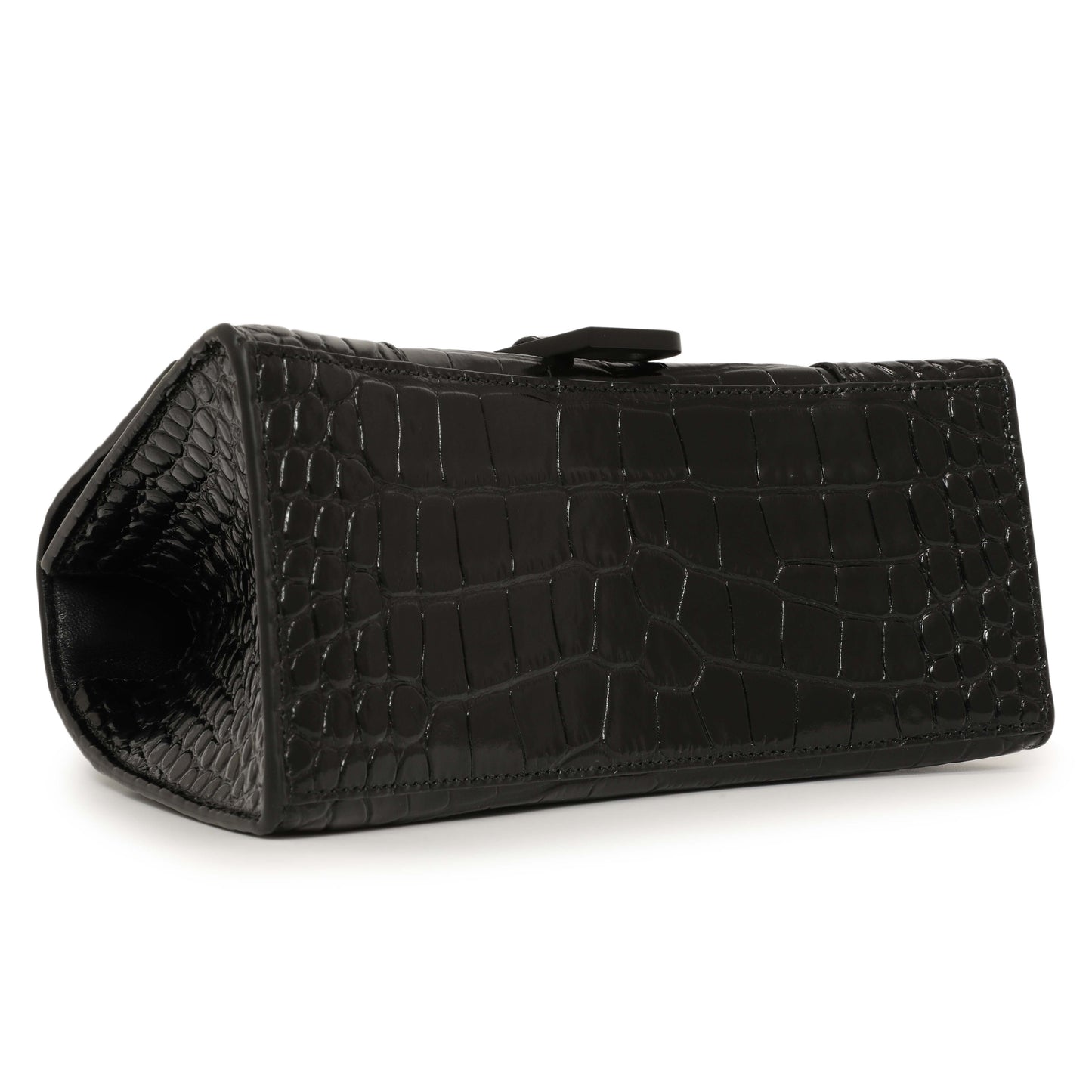 Exclusive Balenciaga Black Monochrome Crocodile Embossed Calfskin Small Hourglass Top Handle Bag — Back View