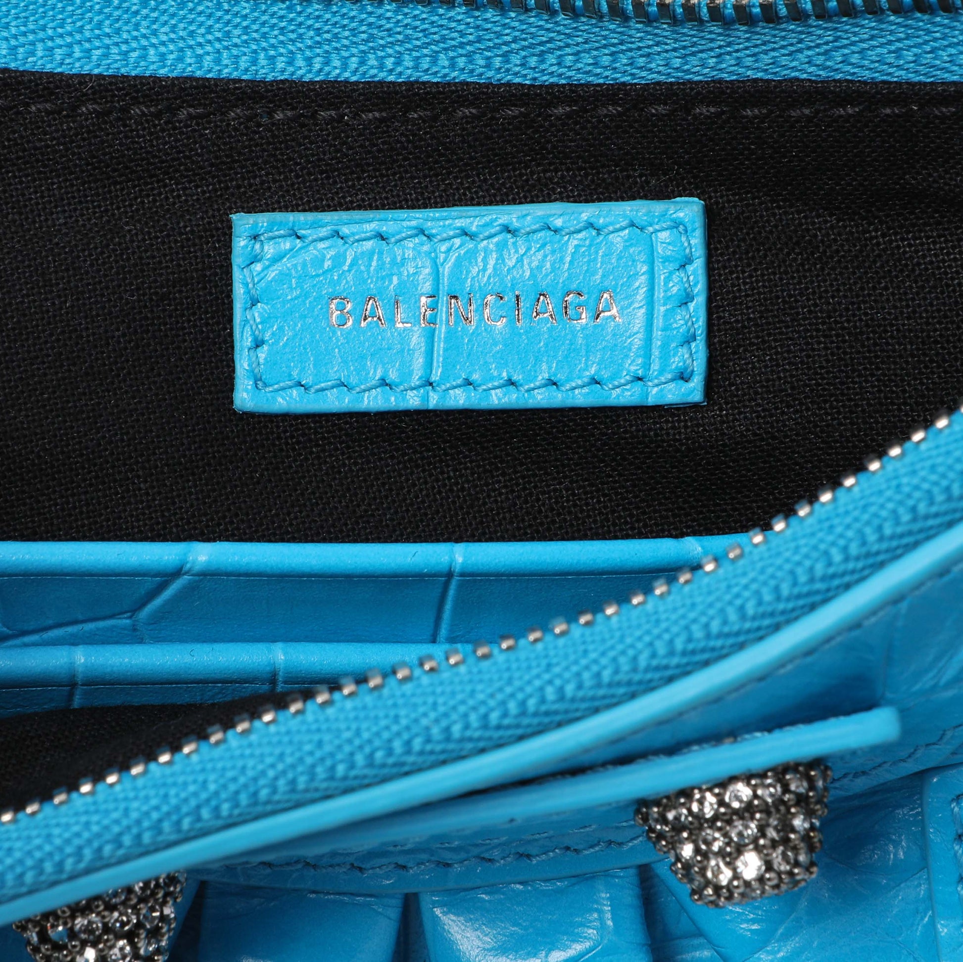 Exclusive Balenciaga Blue Crocodile Embossed Calfskin Crystal Le Cagole Mini Purse With Chain — Detail View