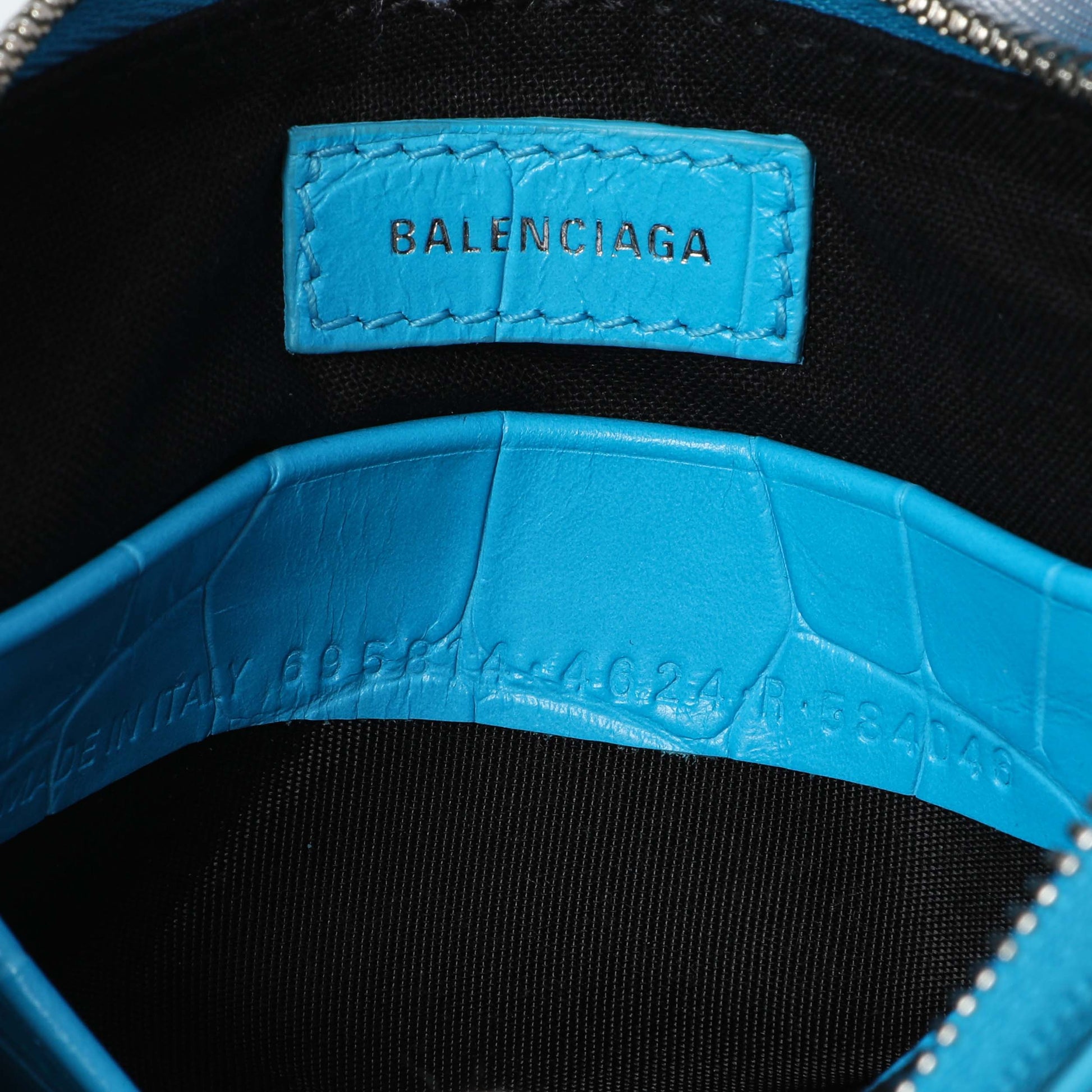 Exclusive Balenciaga Blue Crocodile Embossed Calfskin Crystal Le Cagole Mini Purse With Chain — Lifestyle View
