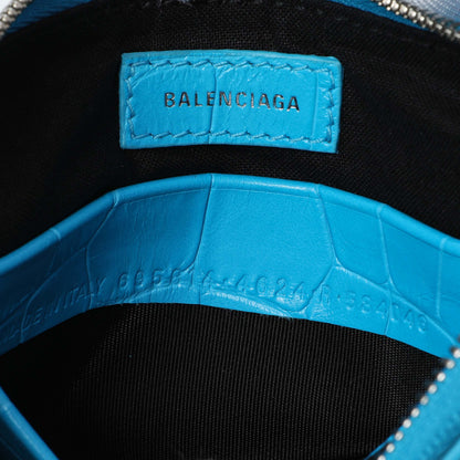 Exclusive Balenciaga Blue Crocodile Embossed Calfskin Crystal Le Cagole Mini Purse With Chain — Lifestyle View