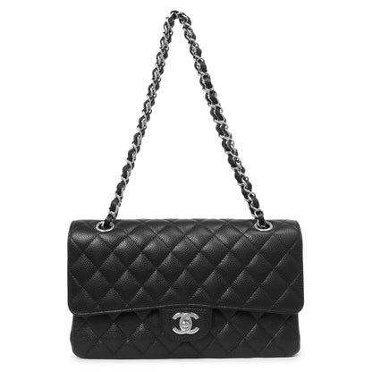 Exclusive Chanel Black Quilted Caviar Medium Classic Double Flap — Front View