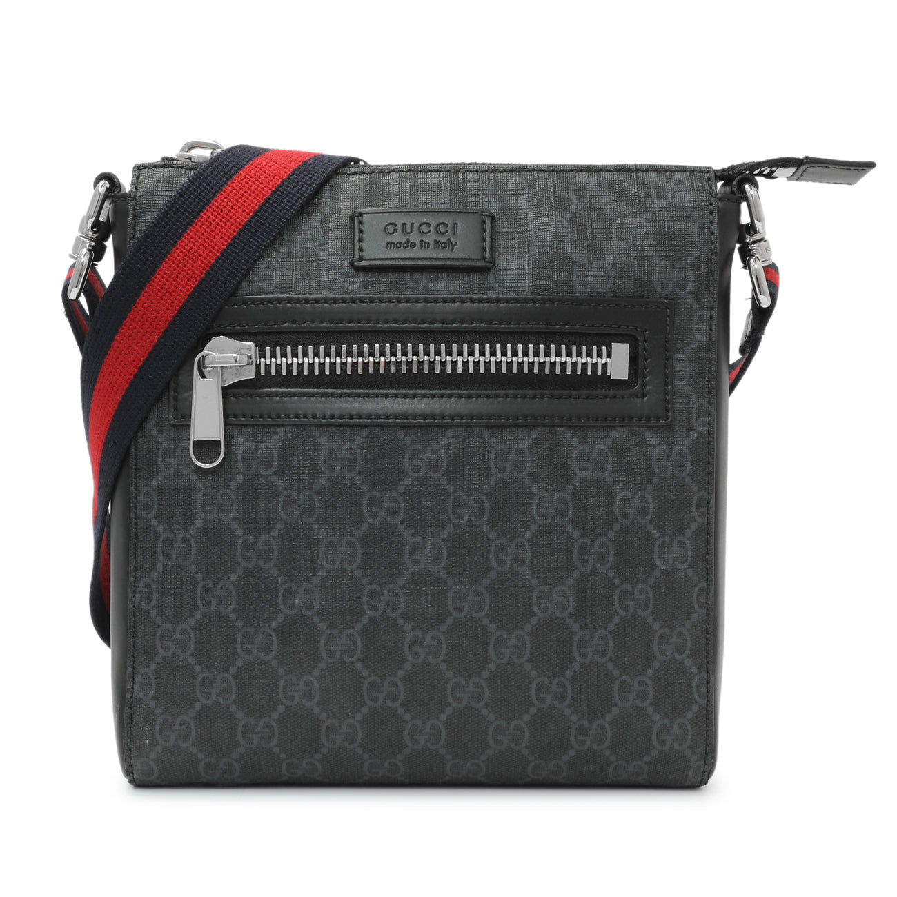 Exclusive Gucci GG Supreme Monogram Web Small Flat Messenger Bag — Front View