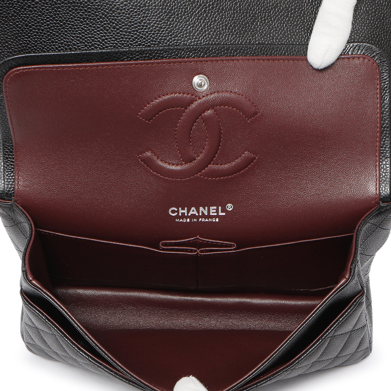 Exclusive Chanel Black Quilted Caviar Medium Classic Double Flap — Detail View