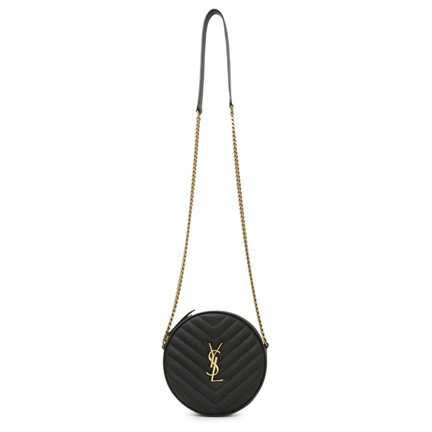Exclusive Saint Laurent Black Chevron Quilted Grain de Poudre Round Camera Bag — Front View